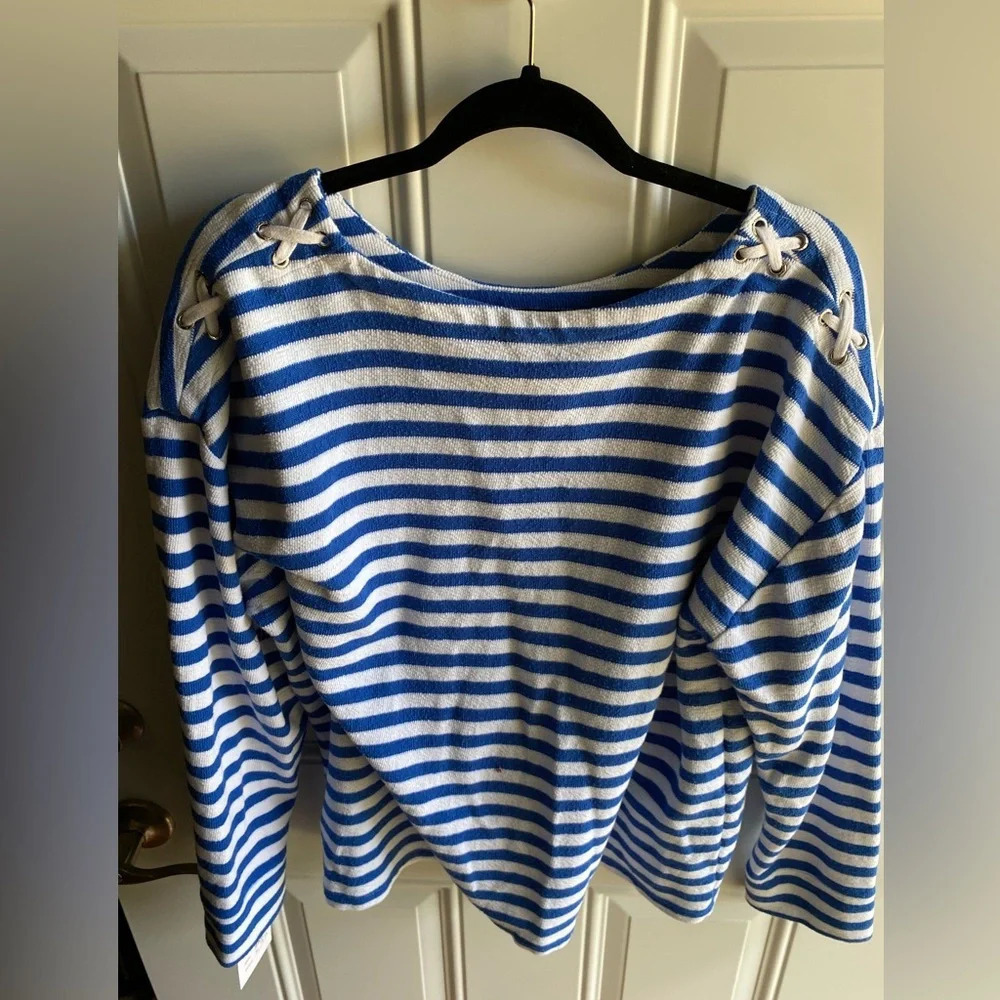 Jones New York Blue And White Striped Sweater Lace Up Shoulder Size XXL EUC - Picture 4 of 5